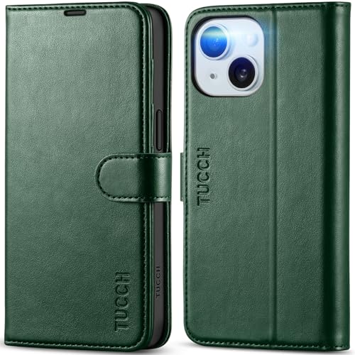 TUCCH Wallet Case for iPhone 15 (6.1") 2023, 4 Card Slots, Dark Green | RFID Blocking, Viewing Stand, Shockproof TPU Shell, PU Leather, Magnetic Closure, Protective Folio Flip Cover - color: Green