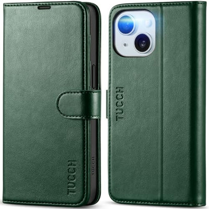 TUCCH Wallet Case for iPhone 15 (6.1") 2023, 4 Card Slots, Dark Green | RFID Blocking, Viewing Stand, Shockproof TPU Shell, PU Leather, Magnetic Closure, Protective Folio Flip Cover - color: Green