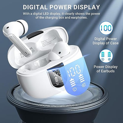 Wireless Earbuds, 2024 Wireless Headphones HiFi Stereo Earphones with 4 ENC Noise Canceling Mic, 42Hs Playtime In Ear Earbud, Bluetooth 5.3 Sport Earphones with LED Power Display for Android iOS White - color: White