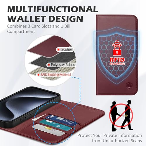 SHIELDON Genuine Leather Case Wallet for iPhone 15 Pro Max 6.7", Wine Red | Folio Magnetic Closure, RFID Blocking, Credit Card Holder, Kickstand, Shock Absorbing Protective Cover - color: Wine Red
