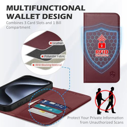 SHIELDON Genuine Leather Case Wallet for iPhone 15 Pro Max 6.7", Wine Red | Folio Magnetic Closure, RFID Blocking, Credit Card Holder, Kickstand, Shock Absorbing Protective Cover - color: Wine Red