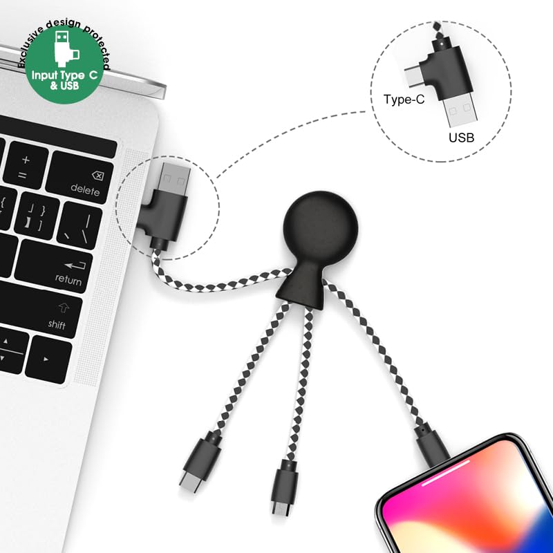 Xoopar - Mr Bio 4 in 1 Multi USB Cable Octopus Design Black - Universal Recycled Plastic Charger - USB Plug - USB-C - Lightning - Micro USB for Universal Smartphone - color: Black