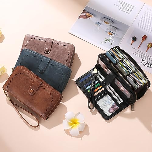 GAEKEAO Leather Credit Card Holder Wallet for Women RFID Blocking Large Capacity Bifold Zipper Card Case Organizer with Wristlet 45 Slots - color: Blue
