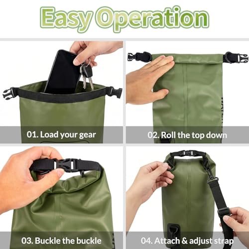 Waterproof Dry Bag, 2L Roll Top Waterproof Bag IPX8 with Crossbody Strap, Phone Clear Window, Phone Pouch Water Protector for Camp Beach Travel, Cruise Essentials, Kayak Accessories (Army Green) - color: Army green dry bag 2L