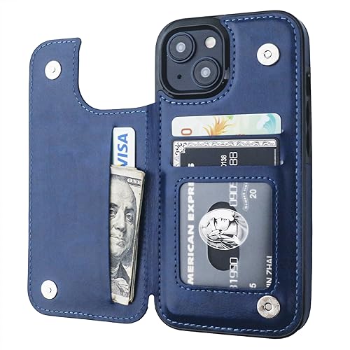 ONETOP for iPhone 15 Wallet Case with Credit Card Holder,Blue | Kickstand,ID/Cash Holder,Case Wallet with Card Slots,Double Magnetic Clasp,Durable PU Leather Shockproof Cover for Women Men - color: Blue