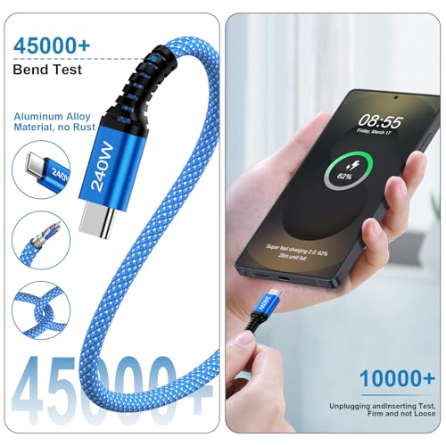 10FT 240W USB C to USB C Cable for iPhone 17e/17 Pro Max/17 Pro/17/16 Pro - color: Blue