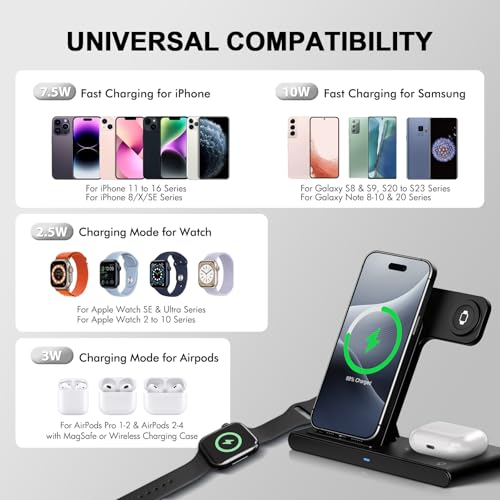 3-in-1 Wireless Charging Stand, Foldable Fast Charger for iPhone 17/16/15/14/13/12, for Apple Watch Ultra/SE/Series 11–2,for AirPods Pro 4/3/2, Desk & Travel & Nightstand & Office