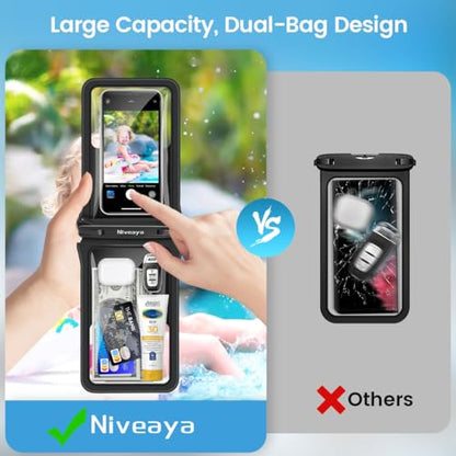 Niveaya Double Space Waterproof Phone Pouch - 2 Pack, Waterproof Phone Lanyard Case with iPhone 17/16/15/14/13 Pro Max up to 8.3", Phone Dry Bags for Vacation Beach Pool Kayak Cruise Travel Essentials - color: Black+ Teal, size: Medium 8.3"