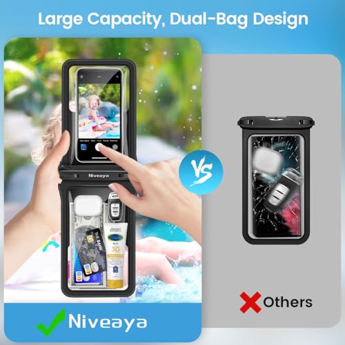 Niveaya Double Space Waterproof Phone Pouch - 2 Pack, Waterproof Phone Lanyard Case with iPhone 17/16/15/14/13 Pro Max up to 8.3", Phone Dry Bags for Vacation Beach Pool Kayak Cruise Travel Essentials - color: Black + White, size: Medium 8.3"
