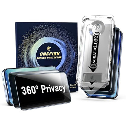 OneFish for iPhone 16 Pro Privacy Screen Protector - 4 Way 360 Anti Spy | Bubble Free , 9H Tempered Glass , Easy Installation with Auto Dust-Elimination , Scratch Resistant for 16 Pro , 2 Pack - size: iPhone 16 Pro