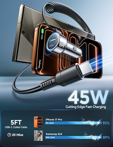 FLYLEAD 90W Car Charger USB C Fast Charge,PD45W for iPhone 18/17/16 Pro Max - color: Black - 5 FT