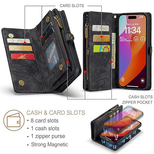iPhone 15 Pro Wallet Case,iPhone 15 Pro Zipper Folio Leather Case Wallet with Card Holder,Strap Wristlet,Detachable Magnetic Protective Back Case for iPhone 15 Pro 5G 6.1 Inch (Black) - color: Black, size: iPhone 15 Pro 6.1"