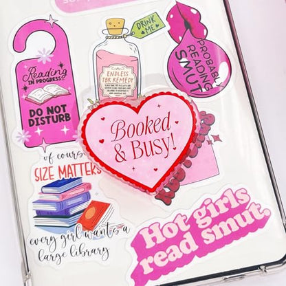 Cute Pink Heart Expandable Collapsible Grip, for with Kindle E-Readers, iPhones and Smartphones,Rotating Folding Elastic Base, A Gift for Book Lover - color: Booked&Busy