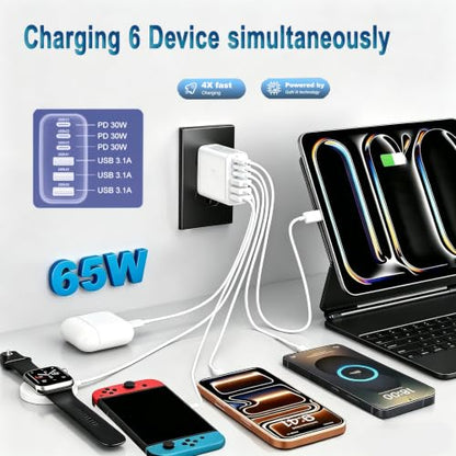 2 Pack 65W Multiport USB C Charging Block,6-Port Charger Station Wall Plug