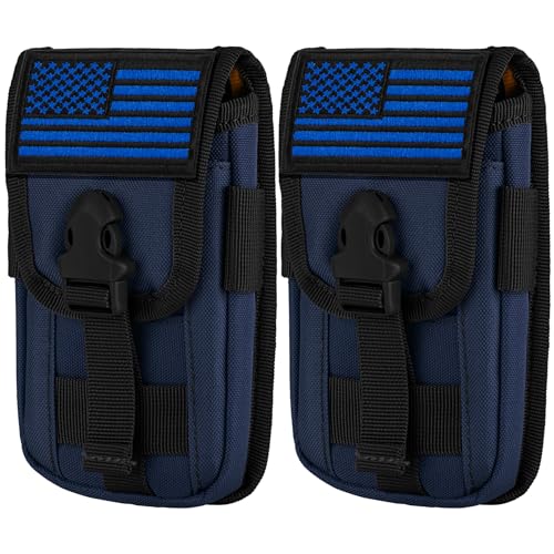 2 Pack Tactical Phone Holster Pouch, Smartphone Pouch Case Molle Attachment Belt Holder for 4.7"-6.9" Phone with US Flag Patch for iPhone 18 Pro Max/17/16/15/14 Pro Max - color: Deep Blue