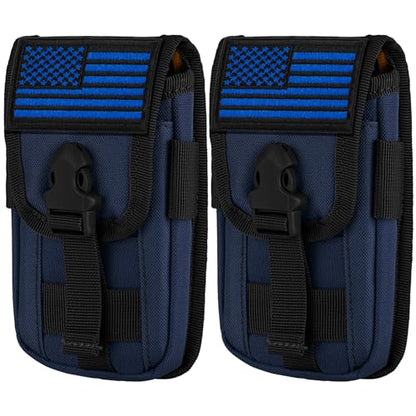 2 Pack Tactical Phone Holster Pouch, Smartphone Pouch Case Molle Attachment Belt Holder for 4.7"-6.9" Phone with US Flag Patch for iPhone 18 Pro Max/17/16/15/14 Pro Max - color: Deep Blue