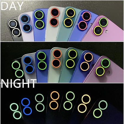Luminous Camera Lens Protector for iPhone 16/16 Plus Individual Metal Ring Tempered Glass Glow in The Dark Lens Cover (2PCS) (White, for iPhone 16/16 Plus) - color: White