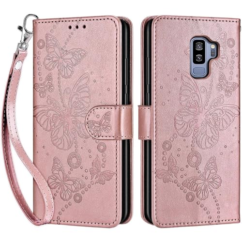 for Samsung Galaxy S9 Plus Wallet case, Rose Gold-Butterfly | 3 Card Holders, Kickstand, Shockproof TPU Shell, PU Leather, Magnetic Closure, Protective Flip Folio Cover, Women - color: 6