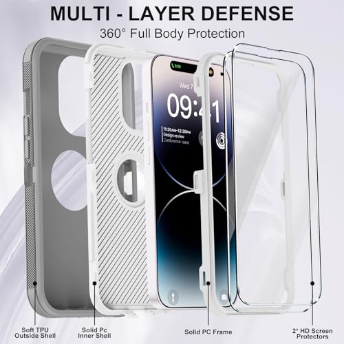 for iPhone 14 Pro Max Case with 2 Screen Protector,Heavy Duty Shockproof Drop Protection Rugged 3-Layer Military Tough Durable Protective Cover for Apple iPhone 14 Pro Max6.7 (Gray/White) - color: Gray/White