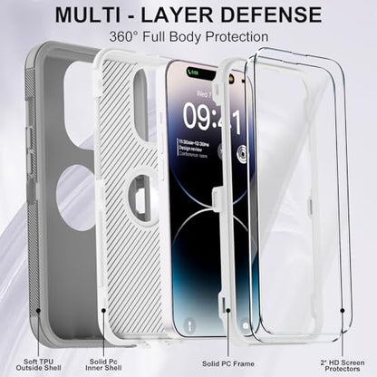 for iPhone 14 Pro Max Case with 2 Screen Protector,Heavy Duty Shockproof Drop Protection Rugged 3-Layer Military Tough Durable Protective Cover for Apple iPhone 14 Pro Max6.7 (Gray/White) - color: Gray/White