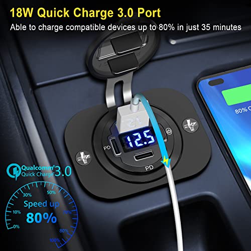 USB C Car Charger Socket 12V USB Outlet 2 Pack: Aluminum Metal 78W Dual PD 30W and 18W QC3.0 Port Multi Charger Outlet with LED Voltmeter Power Switch for RV Motorcycle Boat Marine