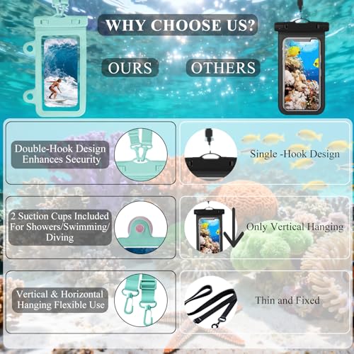 Larger Waterproof Phone Pouch iPhone &Shower Phone Holder Waterproof with 2 Suction Cups,Water Phone Protector Pouch with Adjustable Lanyard for iPhone 17 16 ProMax (Black+Mint Green, 2 PCS) - color: Black+Mint Green
