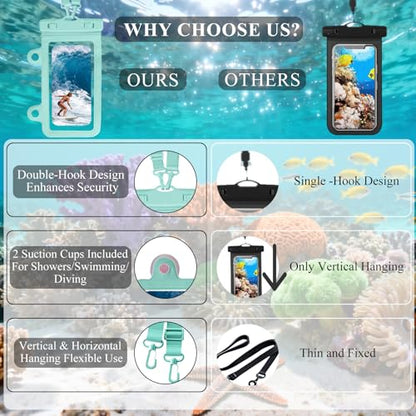 Larger Waterproof Phone Pouch iPhone &Shower Phone Holder Waterproof with 2 Suction Cups,Water Phone Protector Pouch with Adjustable Lanyard for iPhone 17 16 ProMax (Mint Green, 1 PCS) - color: Mint Green