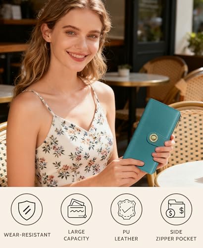 GIANCOMICS Teal Blue Womens Wallet RFID Blocking, Credit Card Holder Bifold | Billfold, Cute Cash Purse, Travel Zipper Coin Pocket, Compact Clutch, PU Leather, ID Window, 11 Card Slots, Ladies Gift Woman - color: A Solid Teal