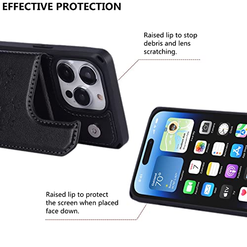 iCoverCase Compatible with iPhone 14 Pro Wallet Phone Case with Card Holder for Women, RFID Blocking Embossed PU Leather Wrist Strap Case 6.1 Inch (Heart Black) - color: H-Black