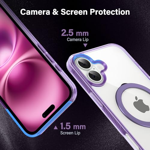 Magnetic Case for iPhone 16 - [Built-in Invisible Stand] [Compatible with MagSafe] [Military Grade Drop Protection] Anti-Yellowing Hard Back Silicone Edge Cover, 6.1", Clear Purple - color: Clear Purple, size: iPhone 16 6.1''