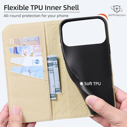 VISOUL Pebbled Leather Wallet Case for iPhone 17 Pro Max 6.9" 2025, Genuine Leather Flip Folio Cover with RFID Blocking Card Holders, Kickstand, Soft TPU Protective Flip Cover-(White+White) - color: White+White