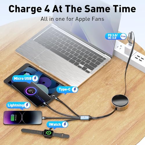 Retractable Travel Multi Charging Cable for Apple Watch Charger, 100W 4 in 2 Retractable Car Charger with Apple Watch, USB-C, Lightning & Micro USB, Multi Charging Cord for iWatch Series/iPhone/iPad