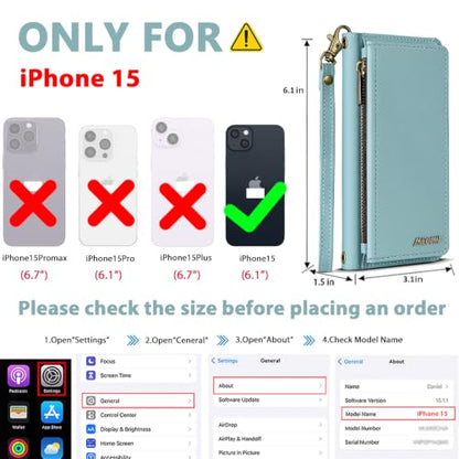for iPhone 15 Wallet Case, Detachable Magnetic Shockproof Phone Case,Faux Leather Crossbody Wallet,with RFID Blocking，Zipper Card Holder，Shoulder Strap (Blue) - color: Blue, size: iPhone 15