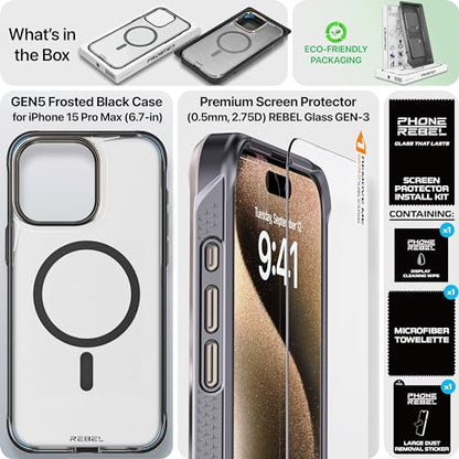 REBEL Clear Case for iPhone 15 Pro Max [Frosted Series Gen-5] Strong MagSafe Compatible, Grip Sides, Translucent Matte Texture, Protective Shockproof Bumpers, Metal Lens & Buttons, 6.7 Inch Phone 2023 - color: Frosted Black, size: iPhone 15 Pro Max