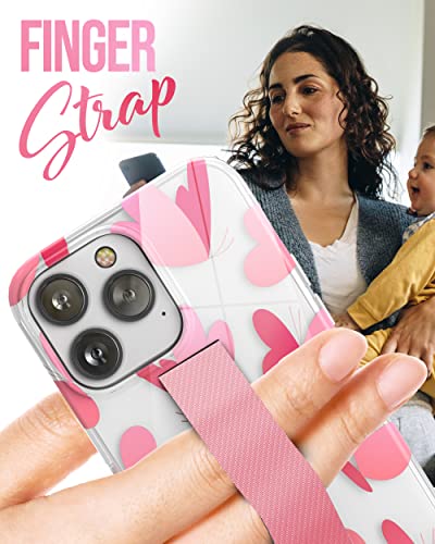 ENCASED Finger Loop Case Designed for iPhone 14 Pro Max with Hand Strap Grip, Cute Pink Butterfly-Heart Design (Screen Protector Included) - color: Pink Heart Butterfly