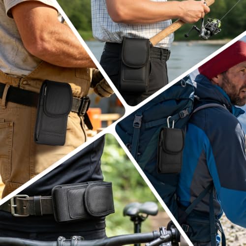 Magnetic Cell Phone Holster with Belt Clip for iPhone Samsung Galaxy | N52 magnetic closure, fits OtterBox. Card slot + pen holders 4-way carry: belt loops, clip, ring For Men, fieldwork, hiking - size: Large