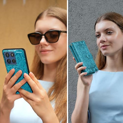 Harryshell Detachable Wallet Leather Case Compatible with Motorola Moto G Stylus 5G 2025/2026 Magnetic Phone Case Zipper with Cash Coin Pocket Multi Card Slots Holder Wrist Strap (Flower Blue Green) - color: Flower Blue Green, size: Moto G Stylus 5G 2025
