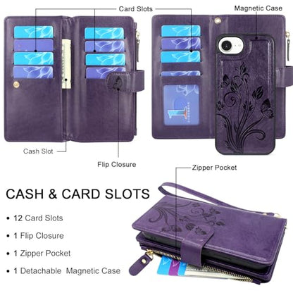 Case Wallet Compatible with iPhone 16e/17e, [12 Card Slots] ID Credit Cash Holder Zipper Pocket Detachable Leather Wallet Cover with Wrist Strap Lanyard（Floral Dark Purple） - color: Floral Dark Purple