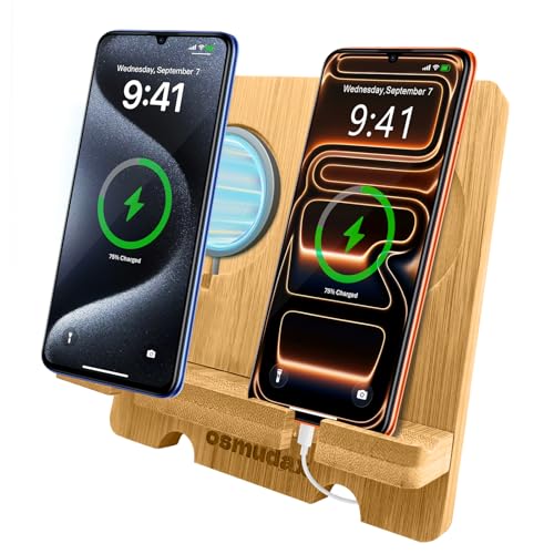 Bamboo Dual Cell Phone Holder for iPhone/iPad, Wood Wireless Charging Station Tablet Holder Nightstand, Double Phone Holder Desktop Stand for iPhone 18/17/16/15/14/13/12/11 and Android