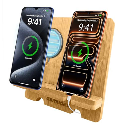 Bamboo Dual Cell Phone Holder for iPhone/iPad, Wood Wireless Charging Station Tablet Holder Nightstand, Double Phone Holder Desktop Stand for iPhone 18/17/16/15/14/13/12/11 and Android