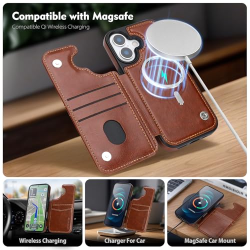 SkyEagle Compatible with MagSafe iPhone 17 Case Wallet,Brown | Magnetic Clasp,RFID Blocking,PU Leather,Flip Folio Shockproof Phone Cover,with Credit Card Slots & Kickstand for Men & Women - color: Brown, size: iPhone 17 - 6.3"