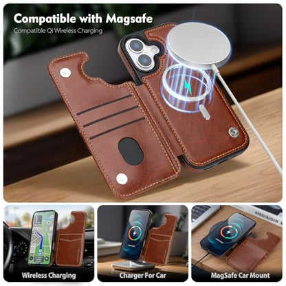 SkyEagle Compatible with MagSafe iPhone 17 Case Wallet,Brown | Magnetic Clasp,RFID Blocking,PU Leather,Flip Folio Shockproof Phone Cover,with Credit Card Slots & Kickstand for Men & Women - color: Brown, size: iPhone 17 - 6.3"