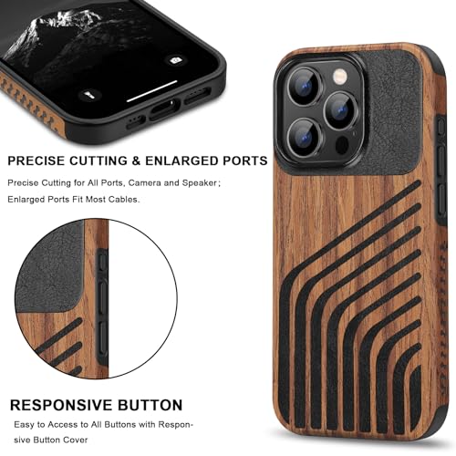 TENDLIN Magnetic Case Compatible with iPhone 15 Pro Case Wood Grain with Carbon Fiber Texture Design Leather Hybrid Slim Cover (Compatible with MagSafe) Hairline - color: Magnetic Hairline, size: iPhone 15 Pro