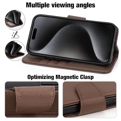 Arae Compatible with iPhone 15 Pro Case with Card Holder and Wrist Strap Wallet Flip Cover for iPhone 15 Pro 6.1 inch Men RFID Blocking Wristlet Kickstand,Litchi Brown - color: Litchi Brown, size: iPhone 15 Pro 6.1 inch