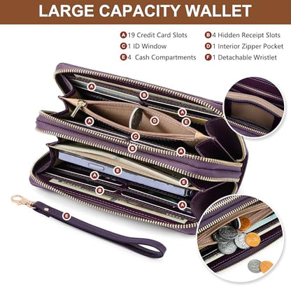 yiijay Womens Wallet RFID Blocking Large Capacity Vegan Leather Double Zip Wristlet Wallet Card Holder Travel Ladies Clutch - color: Dark Purple