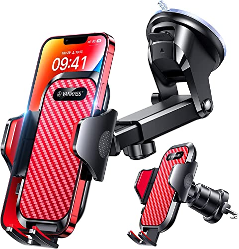 VANMASS Car Phone Holder Ultimate Military-Grade Strongest Suction & Clip Windshield Dash Best Strongest Cell Phone Automotive Dash Gauge Accents for iPhone 18 Pro Max 17 16 15 14 Red - color: Red