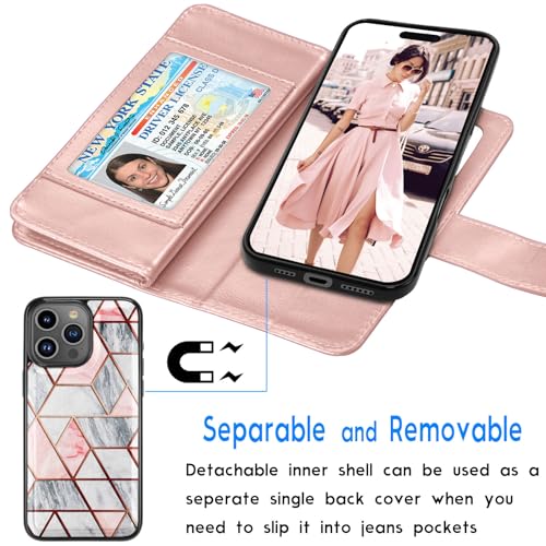 Tekcoo Wallet Case Compatible with iPhone 16 Pro (6.3 inch) 2024 Luxury ID Cash Credit Card Slots Holder Carrying Pouch Folio Flip PU Leather Cover [Detachable Magnetic Hard Case] with Strap [Marble] - color: Marble, size: 16 Pro