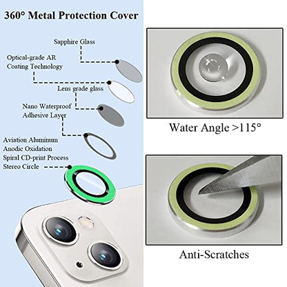 Bling Luminous Camera Lens Protector Compatible for iPhone 13(6.1")/13 Mini(5.4") Ultra Thin/Clear Tempered Glass [Anti-Scratch][Shatter/Water/Fog-Proof] Metal Cover -Luminous Green(Set of 2) - color: Luminous Green