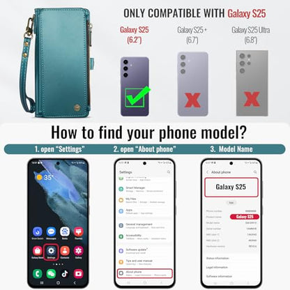 Defencase for Samsung Galaxy S25 Wallet Case with RFID Card Holder, Green | Durable Soft PU Leather, with Zipper Pocket, Wrist Strap, Fashion Snap Flip S25 Phone Cases Cover with Stand for Women Men - color: Blue Green