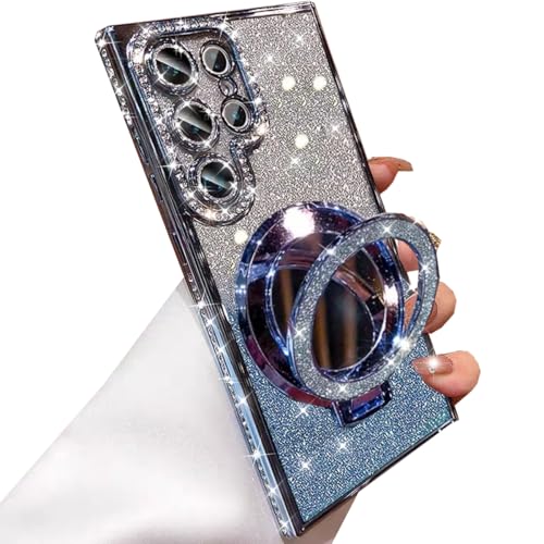 Changjia for Samsung Galaxy S25 Ultra Magnetic Kickstand Glitter Case,[Compatible with Magsafe] Bling Sparkly Rhinestones with Camera Protector Makeup Mirror Women Girls Case for Galaxy S25 Ultra,Blue - color: Blue